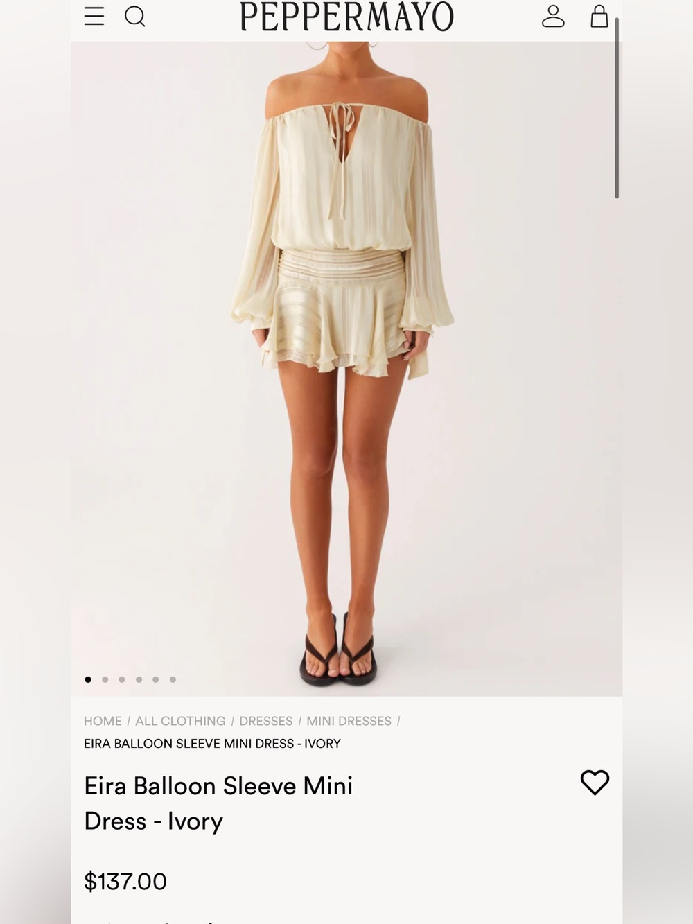 Peppermayo Ivory Off-Shoulder Balloon Sleeve Mini Dress - Picture 2 of 5